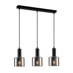 Lampa wisząca Santia 3-punktowa w kolorze czarnym z dymionymi kloszami. Ułożona poziomo, zawieszona na cienkich linkach, z widocznymi źródłami światła w każdej oprawie. Metalowa konstrukcja, nowoczesny design. Tło białe.