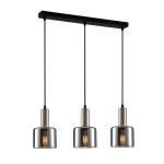 Lampa wisząca Santia 3-punktowa w kolorze nikiel satyna z dymionymi kloszami. Trzy cylindryczne lampy zawieszone na czarnych przewodach, zamontowane na prostokątnej podstawie. Idealna do nowoczesnych wnętrz.