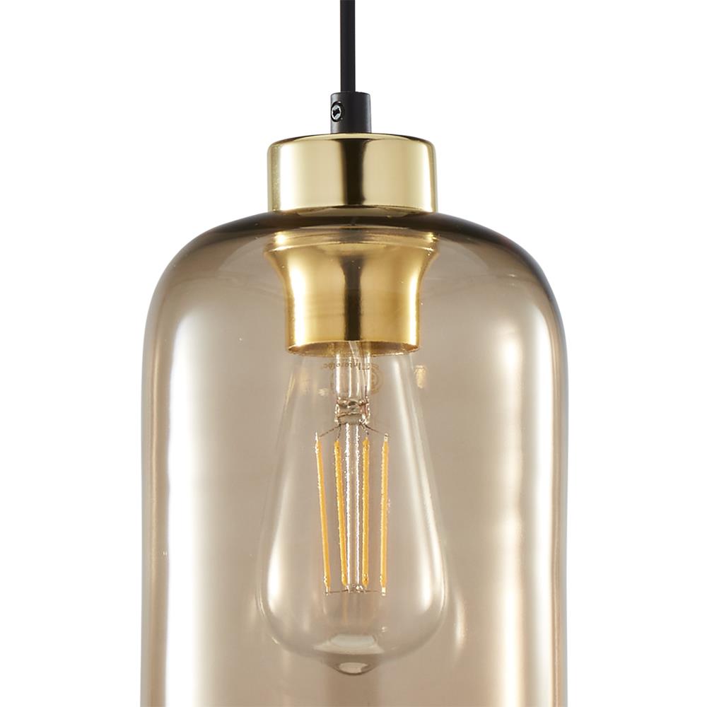 Lampa wisząca Marco Green 1-punktowa 3314, z przezroczystym kloszem w odcieniu szaro-brązowym, z metalowym, złotym mocowaniem. Widoczne żarówki w stylu retro. Ujęcie frontalne, lampa zawieszona na cienkim przewodzie.