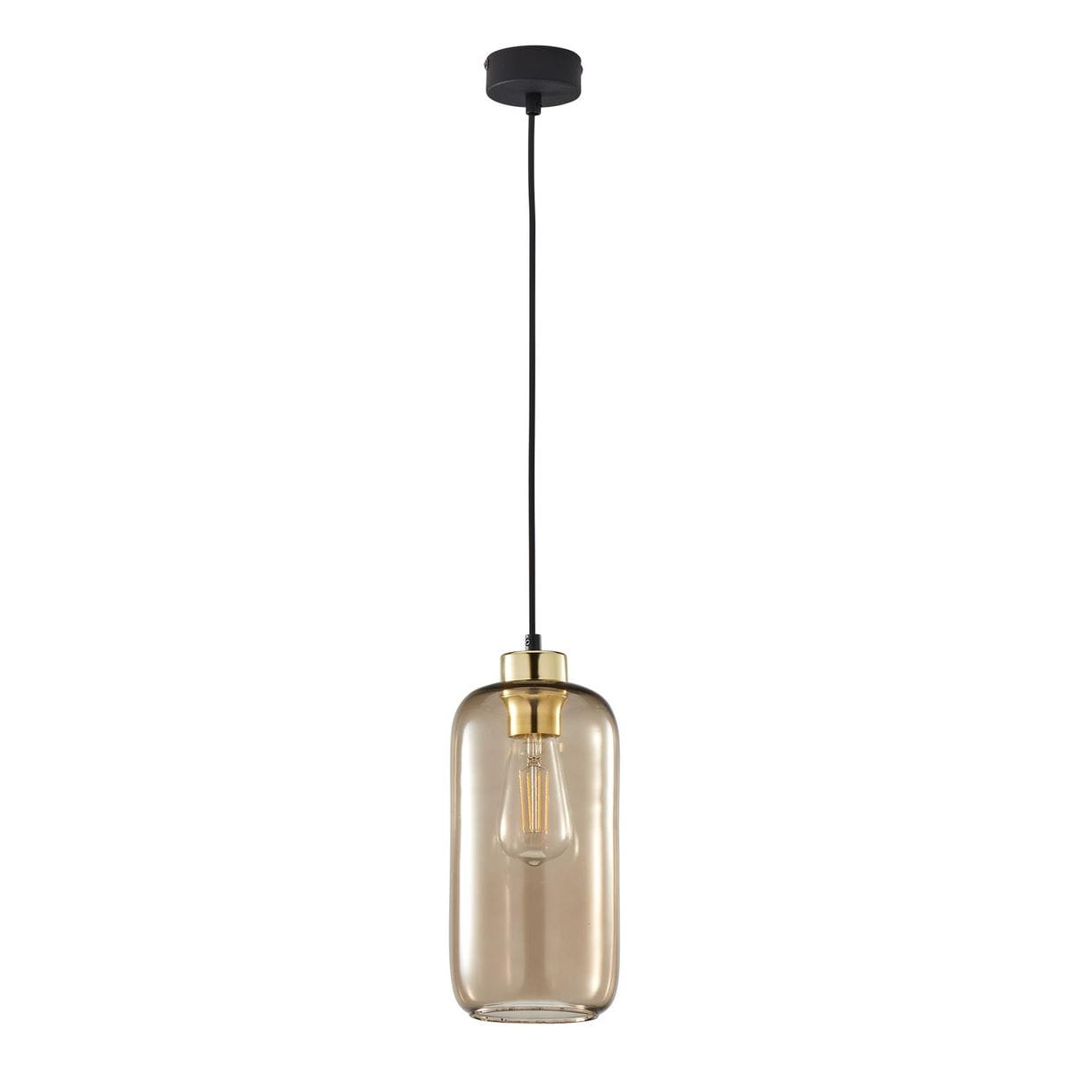 Lampa wisząca Marco Green 1-punktowa 3314, z przezroczystym, szklanym kloszem w kształcie prostokątnym, zawieszona na czarnym przewodzie. Złota oprawa żarówki dodaje elegancji. Produkt wisi z sufitu, na jednolitym tle.
