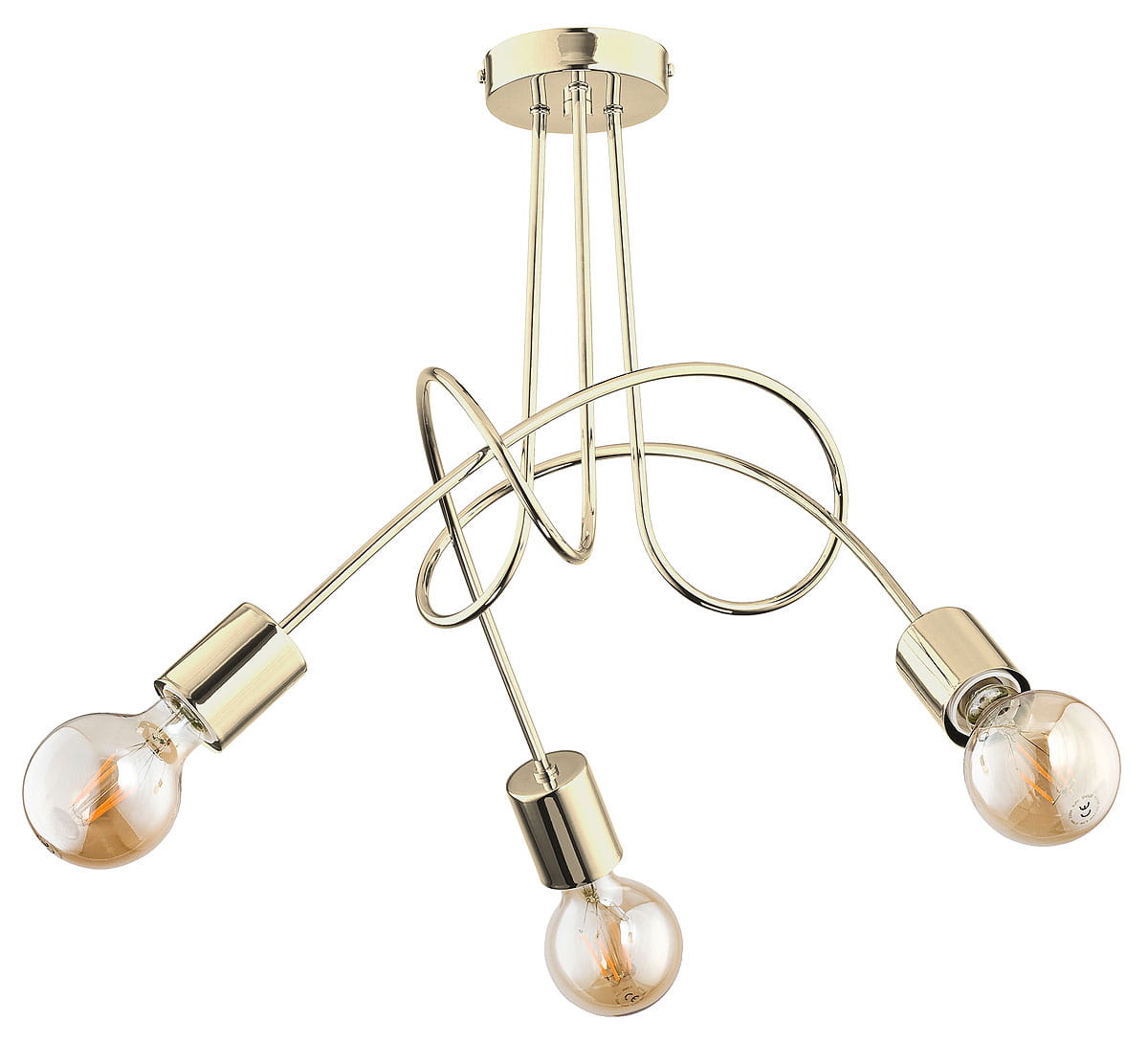 Lampa wisząca Tango 3-punktowa w kolorze złotym. Składa się z trzech żarówek umieszczonych na falistych metalowych ramionach. Kąt ujęcia z góry, prezentujący elegancki design i przezroczyste klosze.