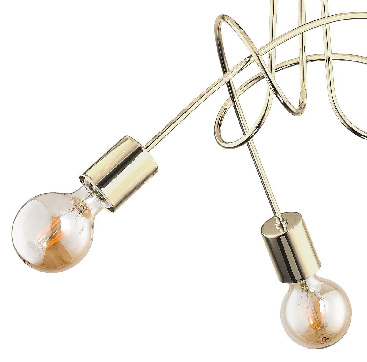 Lampa wisząca Tango 3-punktowa w kolorze złotym. Widoczne dwa źródła światła w szklanych oprawach, metalowe elementy z połyskiem. Kształt linii lekko falujący, złożony z trzech punktów świetlnych.