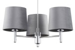 Lampa 3-punktowa Bolzano Plus w kolorze szarym z materiałowymi kloszami. Klosze o cylindrycznym kształcie, zamocowane na chromowanej podstawie, prezentują się w układzie poziomym. Produkt zawieszony na cienkim metalowym pręcie.