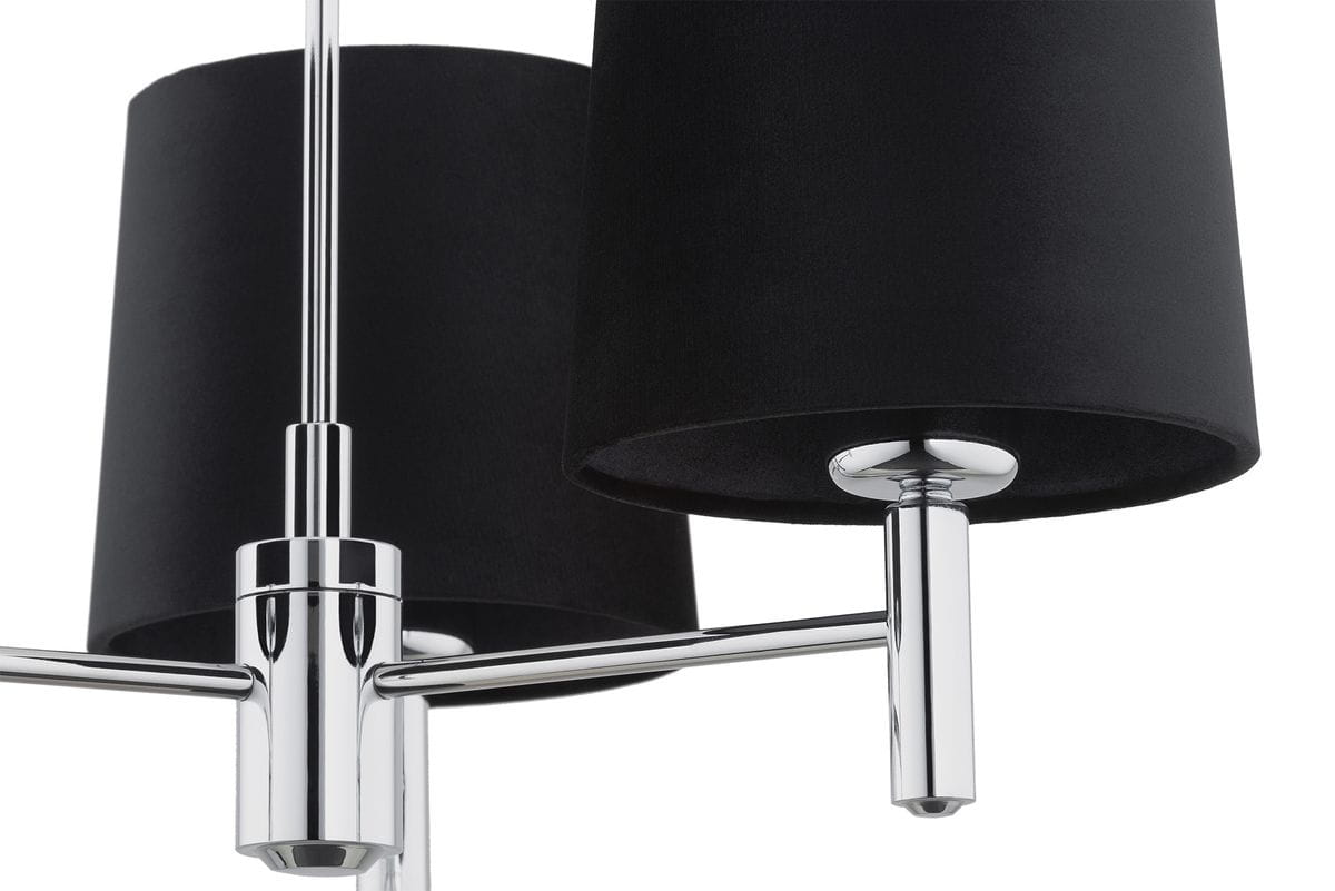 Lampa 3-punktowa Bolzano Plus w kolorze czarnym. Metalowa konstrukcja z chromowanymi detalami. Widoczne dwa czarne abażury o cylindrycznym kształcie, zamocowane na poziomej ramie. W ujęciu z góry, pokazująca detale mocowania.