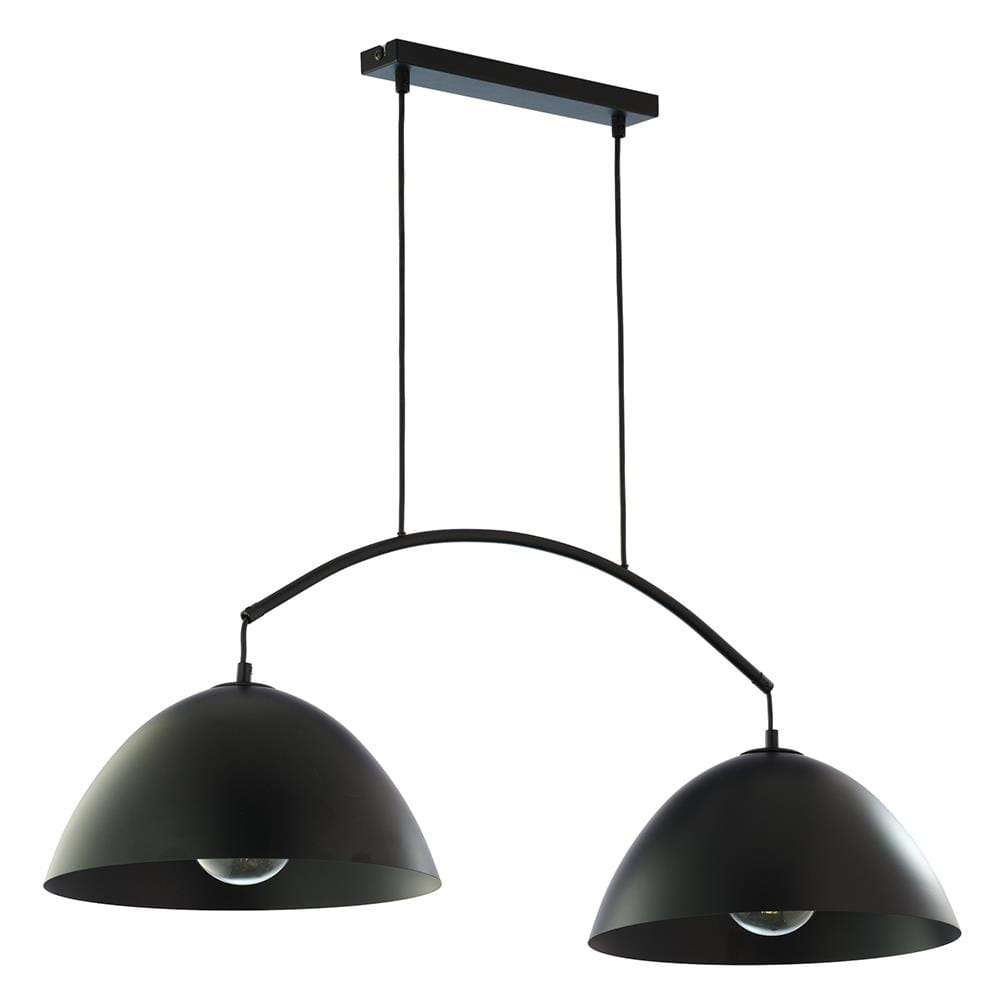 Czarna lampa wisząca Faro z dwoma kloszami w kształcie półkul, zawieszona na cienkich linkach. Klosze mają matowe wykończenie, a całość mocowana jest do sufitowego elementu w prostokątnym kształcie. Idealna do nowoczesnych wnętrz.