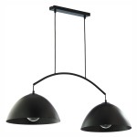 Czarna lampa wisząca Faro z dwoma kloszami w kształcie półkul, zawieszona na cienkich linkach. Klosze mają matowe wykończenie, a całość mocowana jest do sufitowego elementu w prostokątnym kształcie. Idealna do nowoczesnych wnętrz.