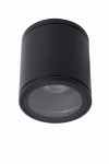 Czarna lampa sufitowa Aven IP65, 1-punktowa, w formie cylindrycznej. Ujęcie z dołu, pokazujące gładką fakturę obudowy oraz przezroczystą soczewkę. Produkt zamontowany do sufitu, idealny do użytku w wilgotnych pomieszczeniach.