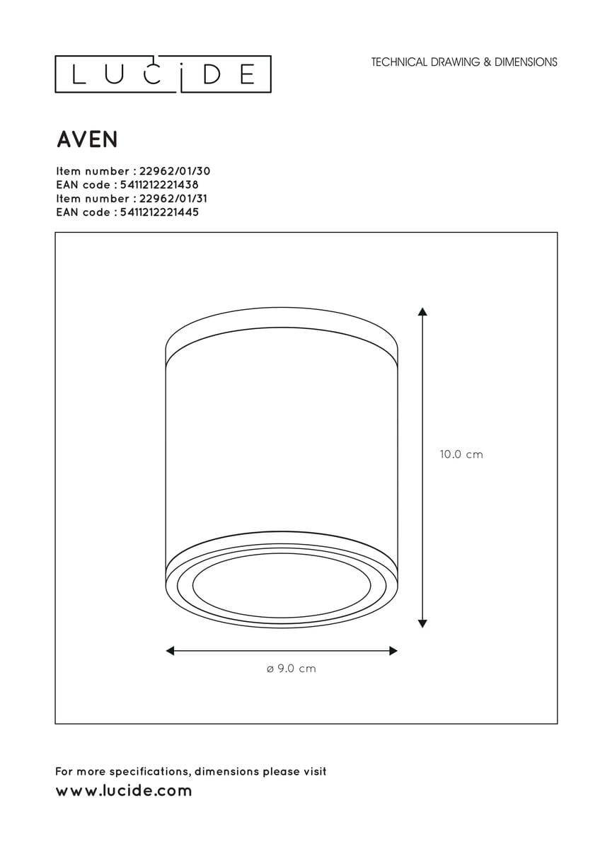 Czarna lampa sufitowa Aven IP65, o kształcie cylindrycznym, z wymiarami 10 cm wysokości i 9 cm średnicy. Produkt montowany na suficie, z widocznym górnym otworem oraz prostą fakturą. Idealna do użytku w pomieszczeniach o wysokiej wilgotności.