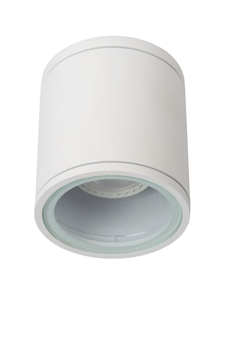 Biała lampa sufitowa Aven IP65 w kształcie cylindrycznym, z szklaną częścią u dołu. Produkt przedstawiony w ujęciu z góry, z jasnym tłem, co podkreśla jego minimalistyczny design i funkcjonalność. Idealna do zastosowań wewnętrznych i zewnętrznych.