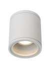 Biała lampa sufitowa Aven IP65 o cylindrycznym kształcie, montowana na suficie, z widoczną oprawą świetlną w centralnej części. Gładka faktura, minimalistyczny design, idealna do oświetlenia wnętrz.