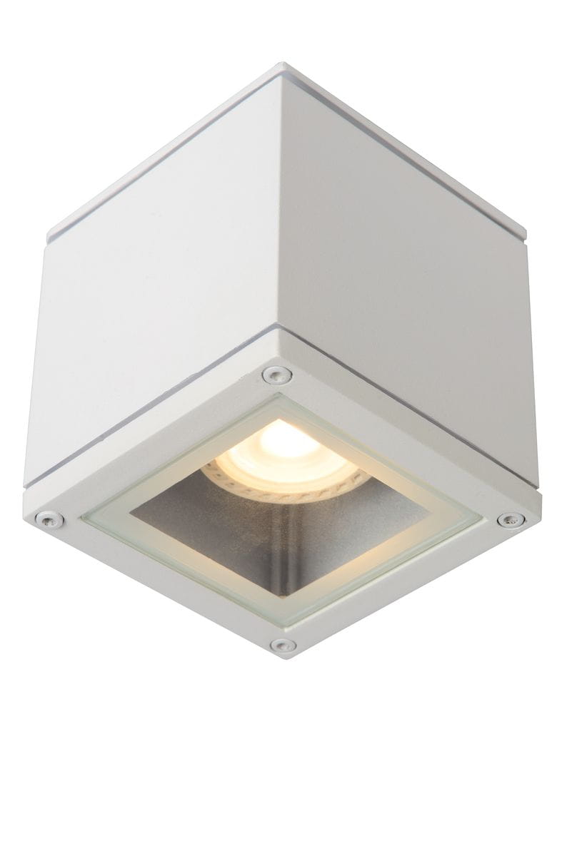 Lampa sufitowa Aven IP65 w kolorze białym, o kwadratowym kształcie, z żarówką w zamkniętej kloszu. Ujęcie z góry, pokazujące detal wnętrza lampy oraz metalowe mocowania. Przeznaczony do stosowania w pomieszczeniach o podwyższonej wilgotności.
