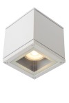 Lampa sufitowa Aven IP65 w kolorze białym, o kwadratowym kształcie, z żarówką w zamkniętej kloszu. Ujęcie z góry, pokazujące detal wnętrza lampy oraz metalowe mocowania. Przeznaczony do stosowania w pomieszczeniach o podwyższonej wilgotności.
