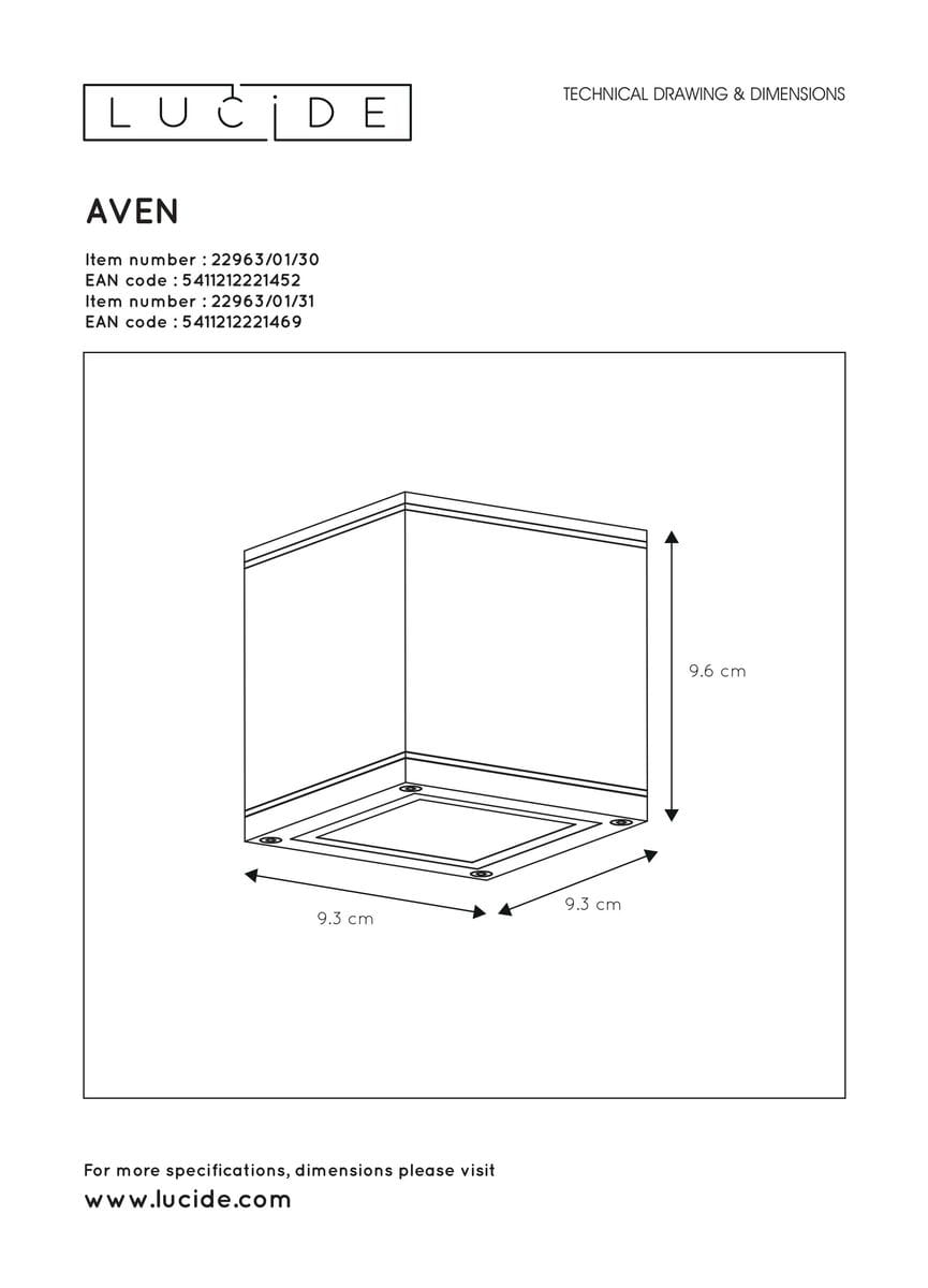 Biała lampa sufitowa Aven IP65 o wymiarach 9,3 cm x 9,3 cm x 9,6 cm, z prostokątną podstawą. Ujęcie z góry, pokazujące krawędzie i detale konstrukcji. Przeznaczona do użytku w pomieszczeniach wilgotnych.