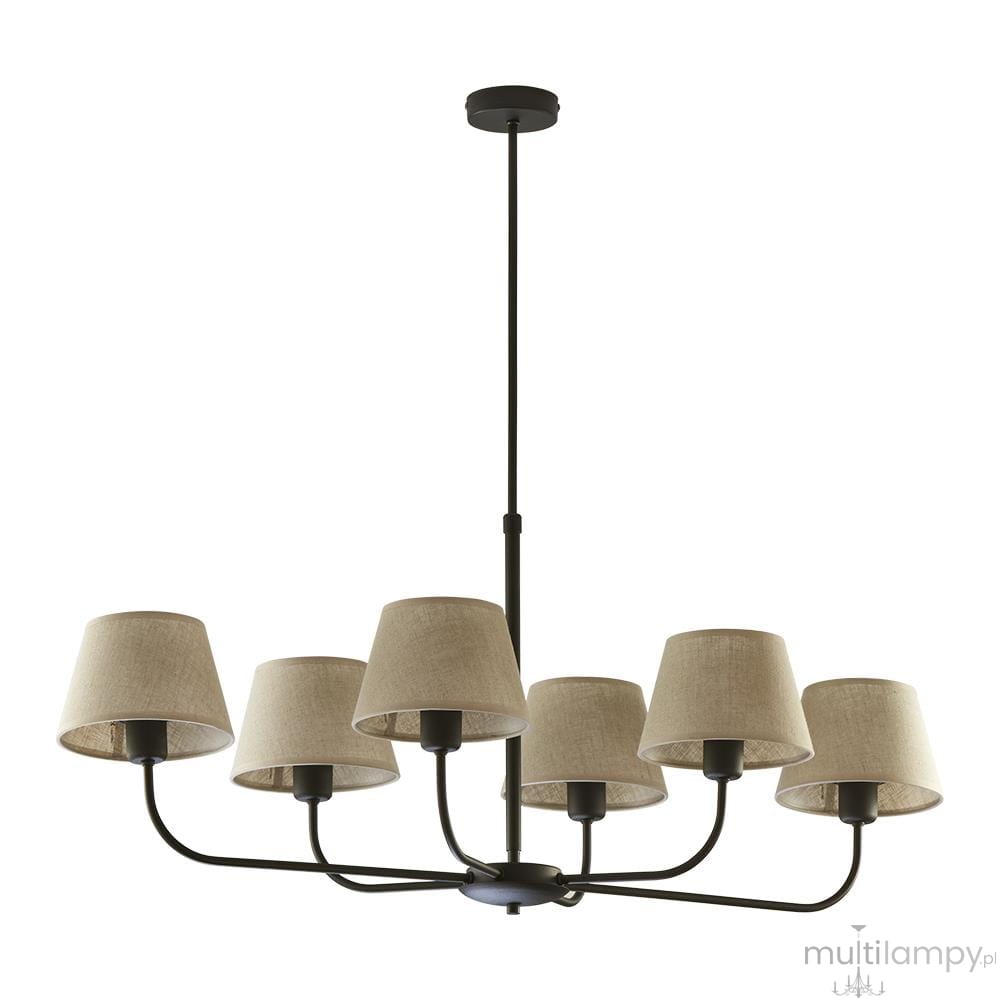 Lampa wisząca Chicago, 6-punktowa, z czarną metalową konstrukcją i jasnobeżowymi abażurami z lnu. Ułożona w formie rozłożonej, z długim zawieszeniem, idealna do nowoczesnych wnętrz. Tło białe, co podkreśla detale lampy.