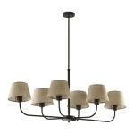 Lampa wisząca Chicago, 6-punktowa, z czarną metalową konstrukcją i jasnobeżowymi abażurami z lnu. Ułożona w formie rozłożonej, z długim zawieszeniem, idealna do nowoczesnych wnętrz. Tło białe, co podkreśla detale lampy.