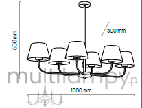 Lampa wisząca Chicago, 6-punktowa, w kolorze czarnym z tekstylnymi abażurami w odcieniu lnu. Wymiary: wysokość 600 mm, średnica 1000 mm, długość zwisu 500 mm. Ułożona w poziomie, z eleganckim, minimalistycznym designem.