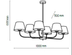 Lampa wisząca Chicago, 6-punktowa, w kolorze czarnym z tekstylnymi abażurami w odcieniu lnu. Wymiary: wysokość 600 mm, średnica 1000 mm, długość zwisu 500 mm. Ułożona w poziomie, z eleganckim, minimalistycznym designem.