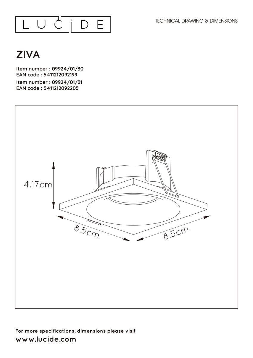 Kwadratowa oprawa do zabudowy Ziva IP44 w kolorze czarnym, o wymiarach 8,5 x 8,5 cm i wysokości 4,17 cm, z okrągłym otworem na źródło światła, z mocowaniami. Przeznaczona do montażu w sufitach.