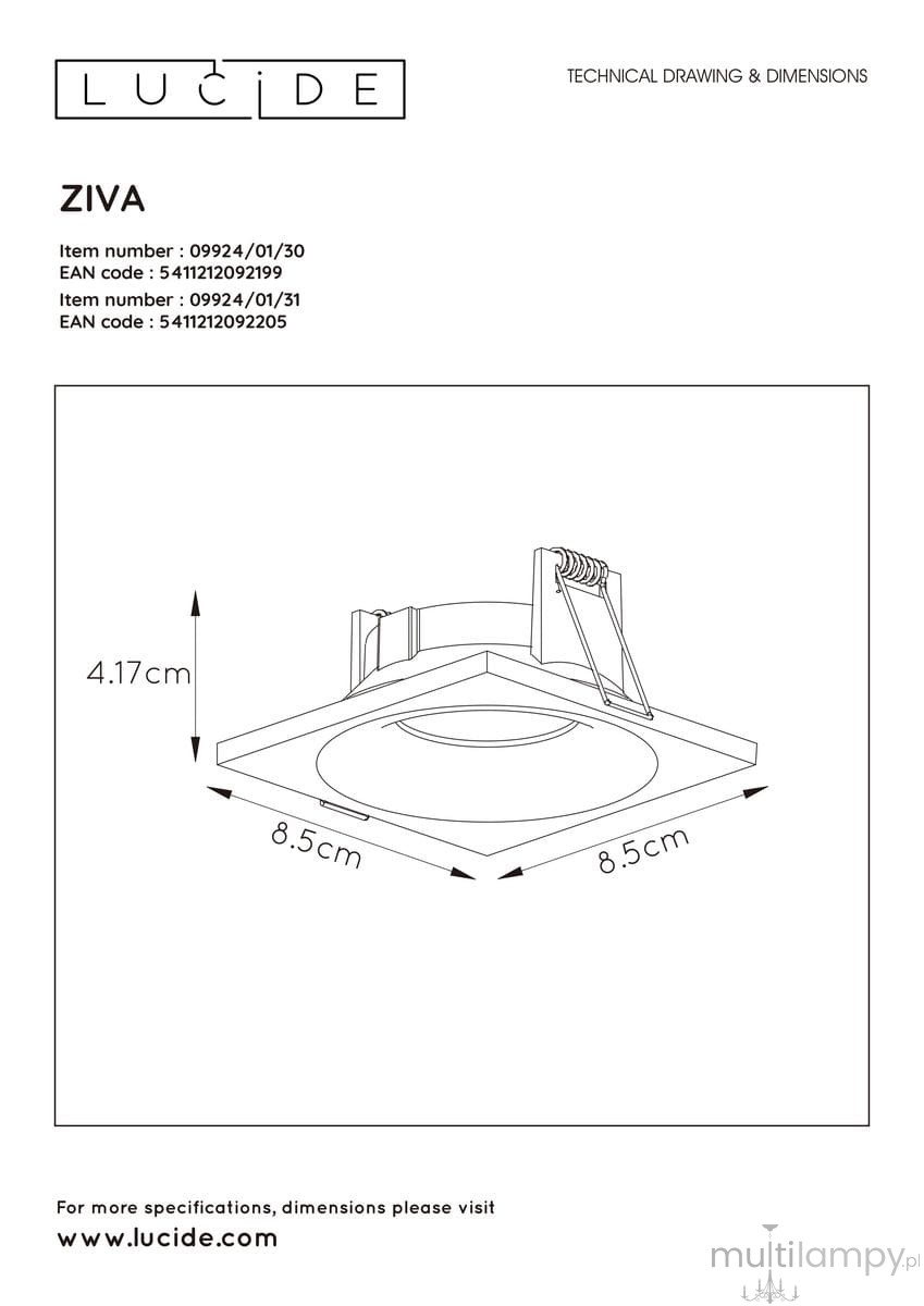 Kwadratowa oprawa do zabudowy Ziva IP44 w kolorze białym, o wymiarach 8,5 cm x 8,5 cm i wysokości 4,17 cm. Zawiera okrągły element świetlny w centralnej części oraz mocowania do montażu. Przeznaczona do użytku wewnętrznego i zewnętrznego.