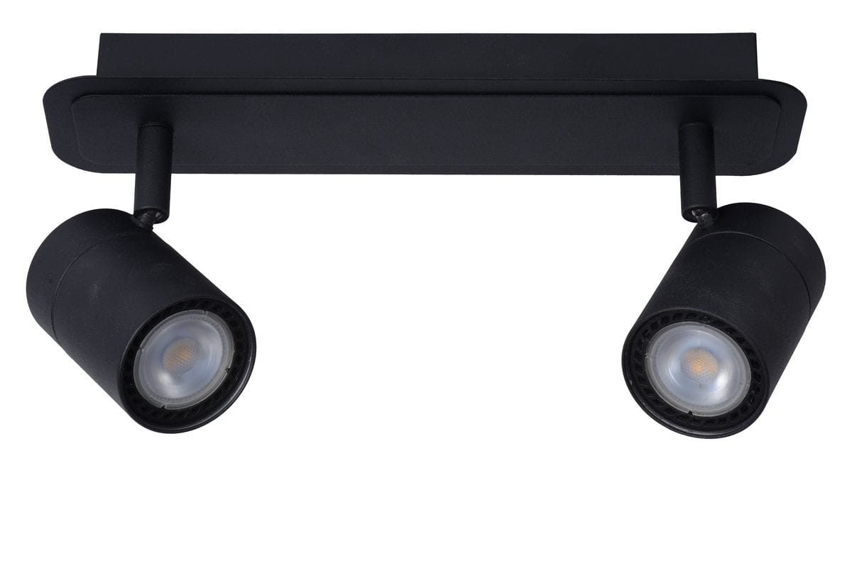Czarna lampa sufitowa Lennert IP44 z dwoma punktami świetlnymi, umieszczona na prostokątnej podstawie. Każdy reflektor ma cylindryczny kształt i osłonę z przezroczystego materiału. Ujęcie frontalne, ukazujące szczegóły konstrukcji.