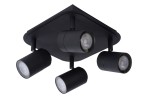 Lampa sufitowa Lennert IP44, 4-punktowa, w kolorze czarnym. Kąt ujęcia z góry, pokazujący cztery cylindryczne reflektory zamontowane na kwadratowej podstawie. Reflektory mają przezroczyste klosze, umożliwiające skierowanie światła w różnych kierunkach.