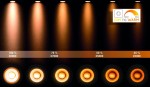 Czarna lampa sufitowa Taylor IP44, 1-punktowa. Kąt ujęcia z góry, pokazujący różne poziomy jasności i temperatury barwowej (3000K, 2700K, 2500K, 2200K). Widoczne detale reflektora i efekt świetlny na ścianie. Prosta, elegancka forma.