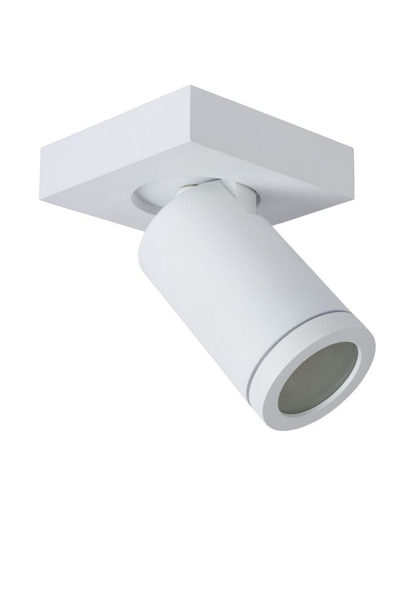 Biała lampa sufitowa Taylor IP44 w kształcie cylindrycznym, zamontowana na kwadratowej podstawie. Wykonana z matowego materiału, z widoczną oprawką na żarówkę. Ujęcie z boku, ukazujące kąt nachylenia reflektora.