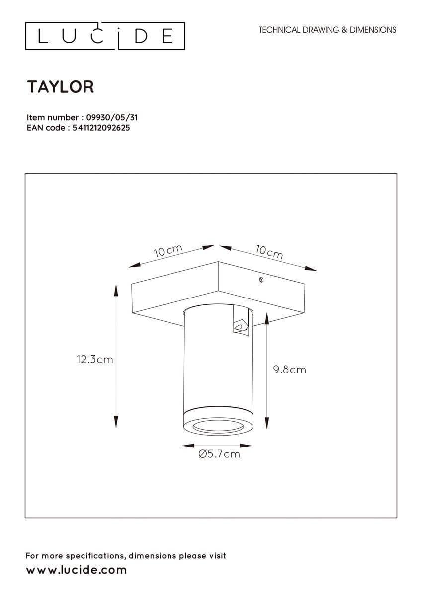 Lampa sufitowa Taylor IP44, 1-punktowa, w kolorze białym. Posiada cylindryczny klosz o średnicy 5,7 cm i wysokości 9,8 cm, zamontowany na kwadratowej podstawie 10x10 cm, wysokość całkowita 12,3 cm. Idealna do użytku wewnętrznego i zewnętrznego.