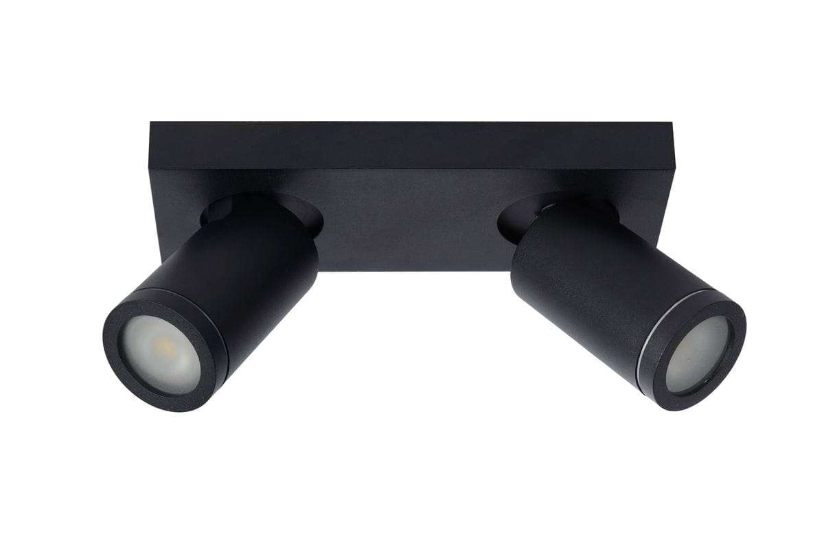 Czarna lampa sufitowa (spot) Taylor IP44 z dwoma punktami świetlnymi. Posiada prostokątną podstawę i cylindryczne klosze z metalicznymi detalami. Ujęcie z dołu, pokazujące kierunek światła oraz nowoczesny design.