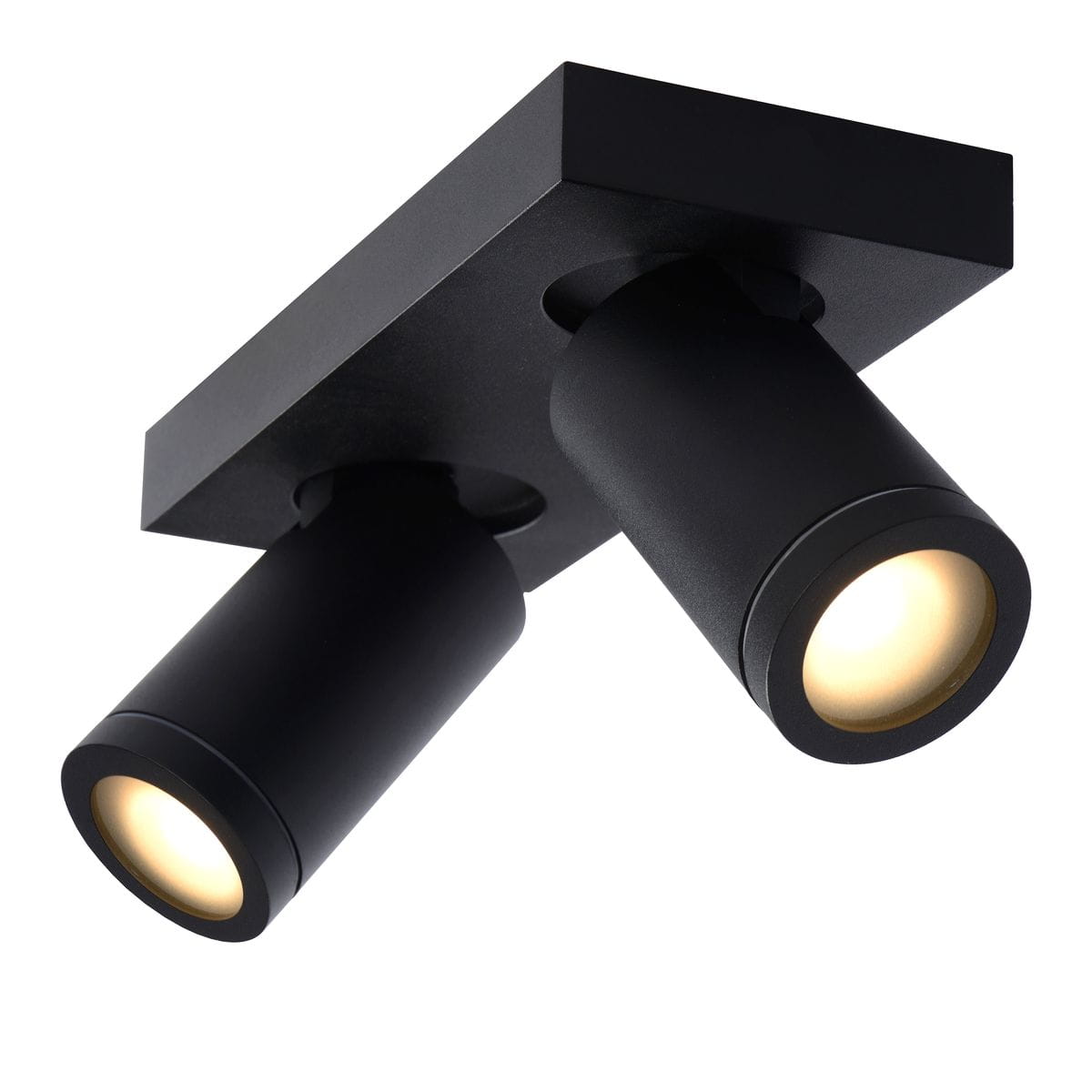 Czarna lampa sufitowa Taylor IP44 z dwoma punktami świetlnymi, montowana na prostokątnej podstawie. Widziana z dołu, pokazuje cylindryczne klosze skierowane w różne strony, emitujące ciepłe światło. Idealna do oświetlenia wnętrz.
