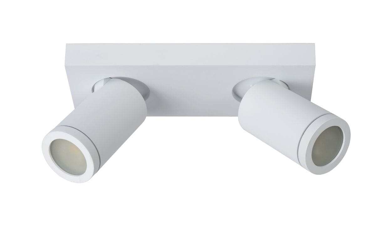 Biała lampa sufitowa Taylor IP44, 2-punktowa, z okrągłymi kloszami. Ujęcie frontalne, produkt montowany na płaskiej podstawie. Klosze skierowane w różne strony, wykonane z metalu. Prosty design, idealna do nowoczesnych wnętrz.