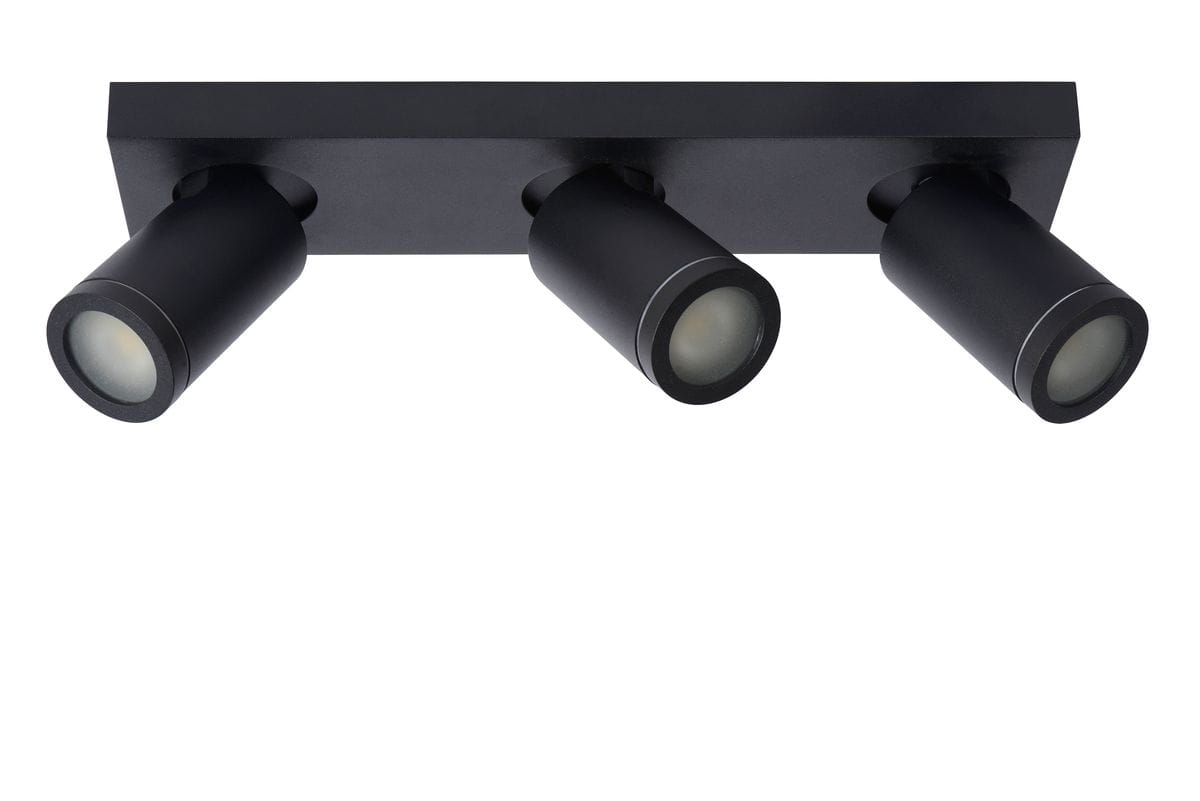 Czarna, 3-punktowa lampa sufitowa Taylor IP44 z metalową obudową. W składzie trzy cylindryczne reflektory z mlecznymi kloszami, zamontowane na prostokątnej podstawie. Ujęcie z przodu, ukazujące wszystkie elementy lampy.