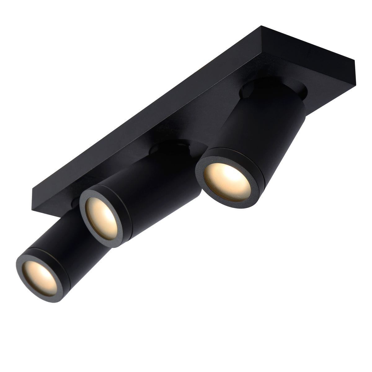 Czarna lampa sufitowa (spot) Taylor IP44 z trzema ruchomymi punktami świetlnymi. Lampa montowana na prostokątnej podstawie, w kształcie cylindrów, skierowanych w różnych kierunkach. Idealna do oświetlenia wnętrz.