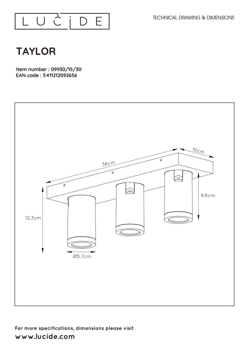 Lampa sufitowa Taylor IP44, 3-punktowa, czarna. Konstrukcja z trzema cylindrycznymi reflektorami o średnicy 5,7 cm, zamontowana na prostokątnej podstawie o wymiarach 38x10 cm. Wysokość lampy wynosi 12,3 cm.