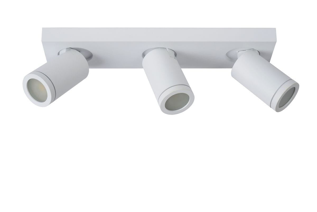 Biała lampa sufitowa 3-punktowa Taylor IP44, z trzema cylindrycznymi reflektorami zamontowanymi na prostokątnej podstawie. Reflektory skierowane są w różne strony, co umożliwia regulację kierunku światła.