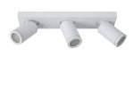 Biała lampa sufitowa 3-punktowa Taylor IP44, z trzema cylindrycznymi reflektorami zamontowanymi na prostokątnej podstawie. Reflektory skierowane są w różne strony, co umożliwia regulację kierunku światła.