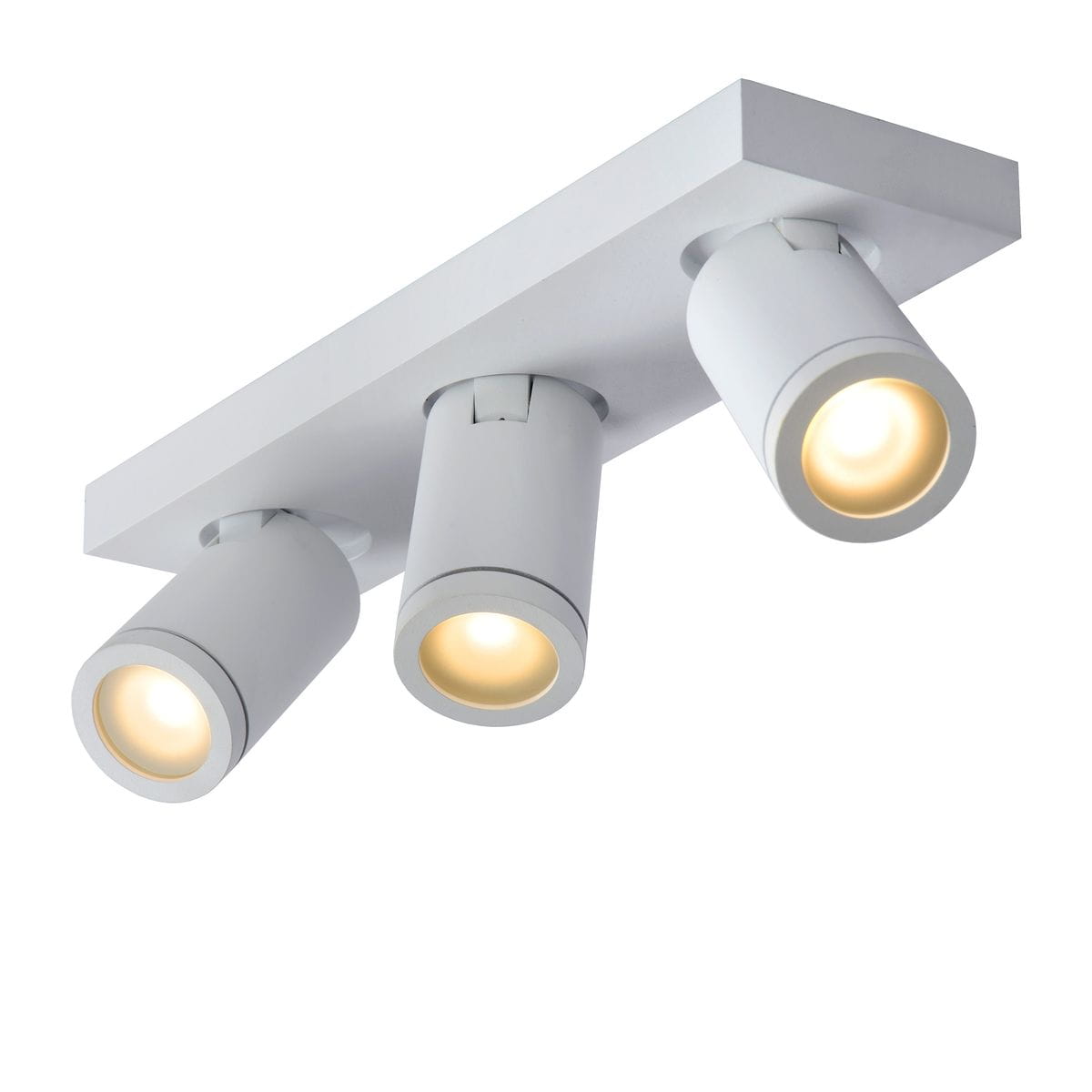 Biała lampa sufitowa 3-punktowa Taylor IP44 z trzema cylindrycznymi źródłami światła. Ułożona na prostokątnej podstawie, idealna do oświetlenia wnętrz. Kąty obrotu reflektorów umożliwiają skierowanie światła w różne miejsca.