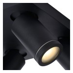 Czarna lampa sufitowa Taylor IP44, 4-punktowa, z okrągłymi reflektorami. Widziana z bliska, z widocznym detalem na metalowym wykończeniu i włączonym światłem. Kształt cylindryczny, matowa faktura, minimalistyczny design.
