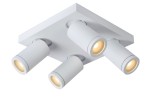 Biała lampa sufitowa Taylor IP44 z czterema punktami świetlnymi, o cylindrycznym kształcie. Ujęcie z przodu, prezentujące lampę zamontowaną na kwadratowej podstawie. Widoczne ciepłe światło z żarówek oraz metaliczne detale mocujące.