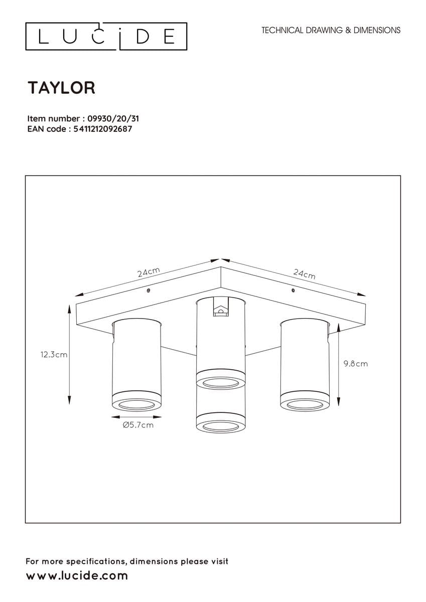 Lampa sufitowa Taylor IP44 w kolorze białym, 4-punktowa, z kwadratową podstawą o wymiarach 24 cm x 24 cm, z trzema cylindrycznymi kloszami o średnicy 5,7 cm i wysokości 9,8 cm, montowana pod sufit.