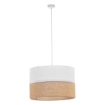 Lampa wisząca Linobianco 3-punktowa z białym kloszem i jutaną dolną częścią. Okrągły kształt, zwisająca na białym przewodzie z sufitowym mocowaniem. Użyte materiały: metal i juta, tworzące naturalny wygląd.