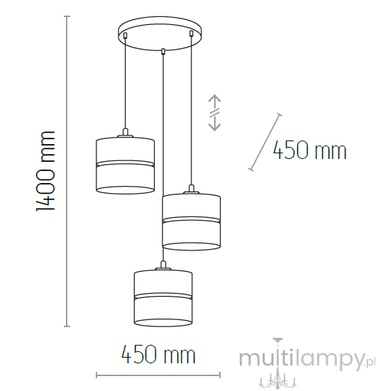 Lampa wisząca Linobianco 3-punktowa w kolorze białym i juta. Składa się z trzech cylindrycznych kloszy zawieszonych na regulowanych linkach. Wysokość całkowita 1400 mm, odległość między kloszami 450 mm. Prosta konstrukcja, idealna do nowoczesnych wnętrz.