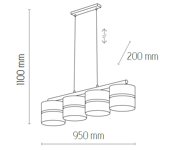 Lampa wisząca Linobianco 4-punktowa, kolor biały/juta. Cztery cylindryczne klosze zawieszone na metalowej belce, wysokość 1100 mm, szerokość 950 mm, możliwość regulacji wysokości o 200 mm. Prosta konstrukcja, idealna do nowoczesnych wnętrz.