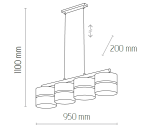 Lampa wisząca Linobianco 4-punktowa, kolor biały/juta. Cztery cylindryczne klosze zawieszone na metalowej belce, wysokość 1100 mm, szerokość 950 mm, możliwość regulacji wysokości o 200 mm. Prosta konstrukcja, idealna do nowoczesnych wnętrz.