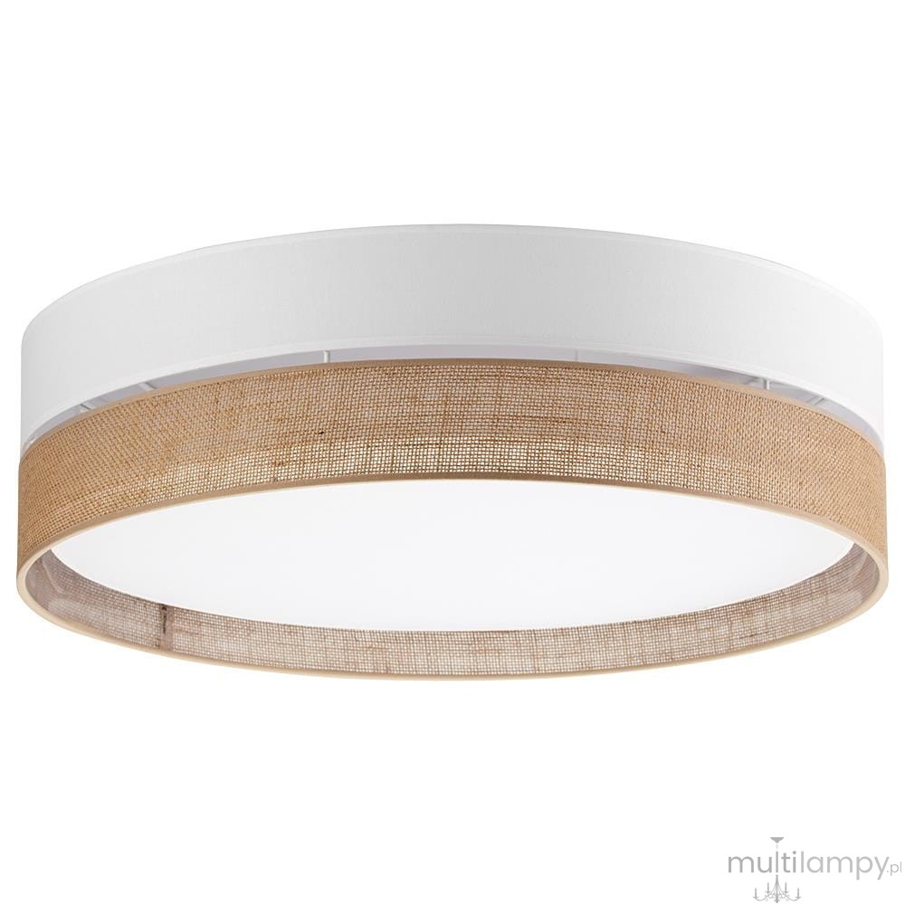 Lampa sufitowa Linobianco D60 w kolorze białym z dekoracyjnym wykończeniem z juty. Okrągła konstrukcja z matowym kloszem, zawieszona w pozycji poziomej, idealna do nowoczesnych wnętrz.