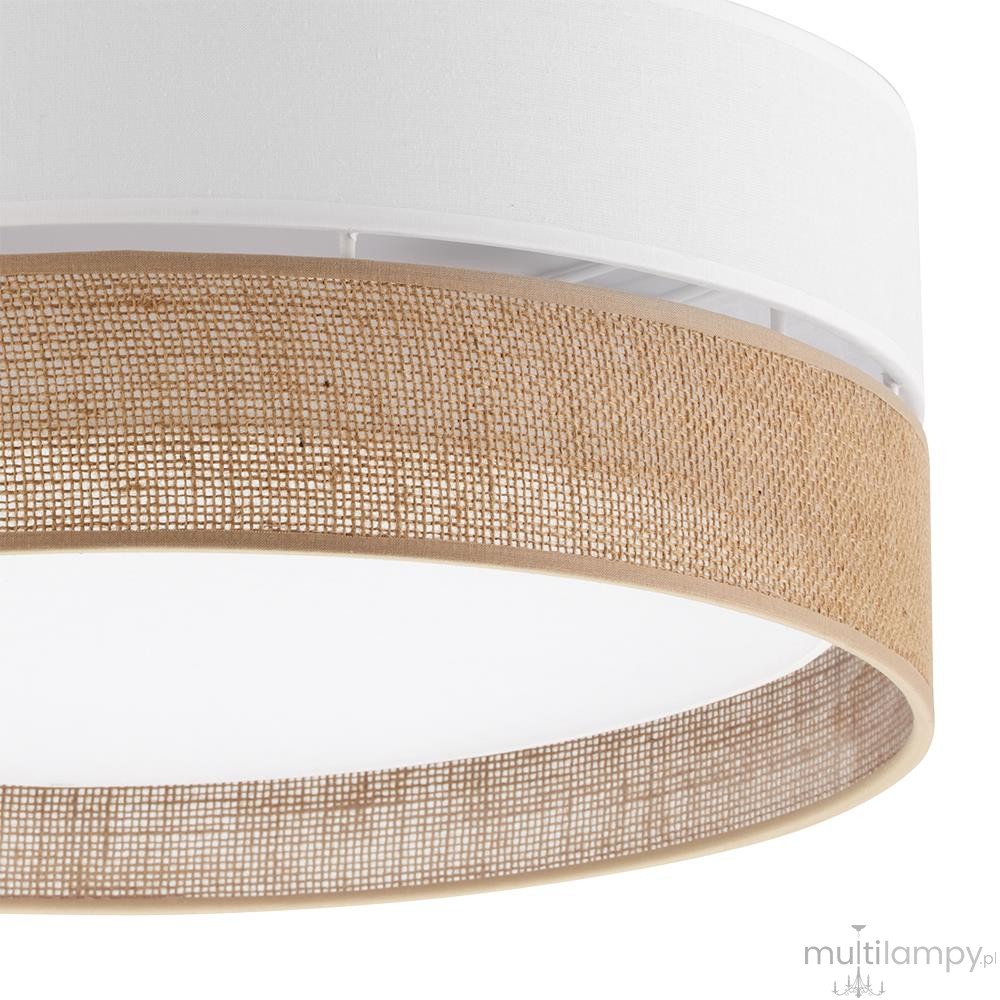 Lampa sufitowa Linobianco D60 w białym kolorze z dekoracyjnym paskiem z juty. Okrągła konstrukcja z białym kloszem i naturalnym, teksturowanym wykończeniem. Widok z przodu, ukazujący detale materiałów i fakturę.