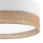 Lampa sufitowa Linobianco D60 w białym kolorze z dekoracyjnym paskiem z juty. Okrągła konstrukcja z białym kloszem i naturalnym, teksturowanym wykończeniem. Widok z przodu, ukazujący detale materiałów i fakturę.