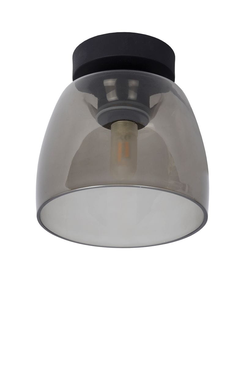 Czarna lampa sufitowa Tyler IP44 z przezroczystym kloszem w kształcie stożka. Montowana na suficie, z widoczną żarówką w środku. Klosz ma matowe wykończenie u dołu, dając delikatne światło. Idealna do wnętrz oraz na zewnątrz.