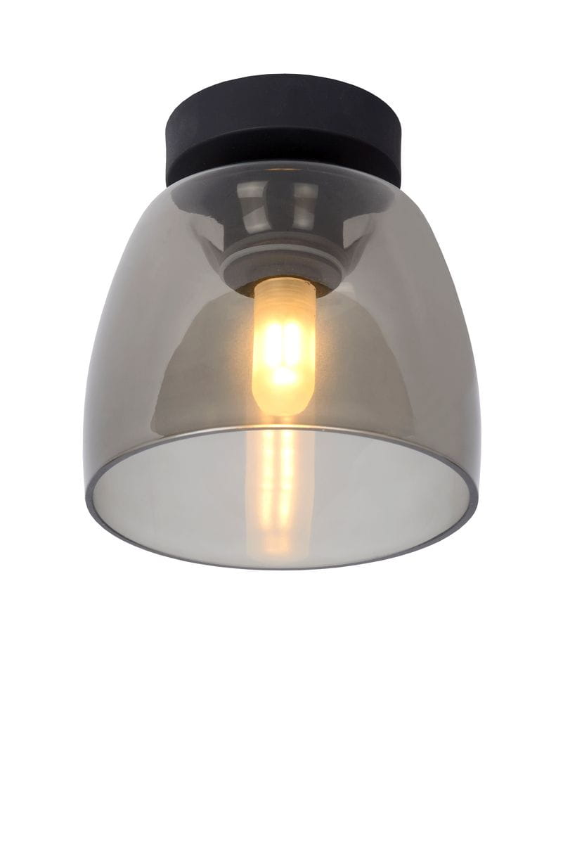 Czarna lampa sufitowa Tyler IP44 z przezroczystym kloszem, w kształcie stożka. Ujęcie z dołu, pokazujące źródło światła. Lampa montowana na suficie, idealna do wnętrz i na zewnątrz. Wymiary i detale konstrukcyjne nie są widoczne.