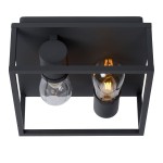 Carlyn IP54 lampa sufitowa 2-punktowa w kolorze czarnym. Konstrukcja z matowego metalu w formie prostokątnej ramy z dwoma żarówkami, jedna przezroczysta, druga z widocznymi włóknami. Montaż sufitowy, idealna do nowoczesnych wnętrz.